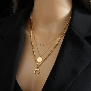 Layered Necklace Gold, 3 Layer Crescent Moon Necklace, Boho Choker Necklace